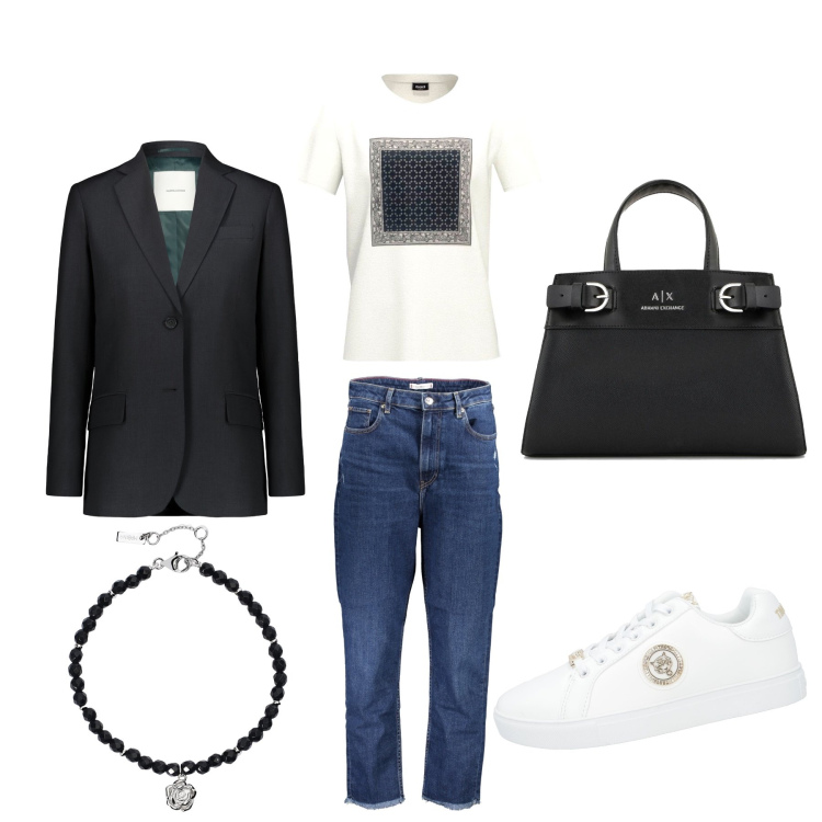 Outfit donna - Total look #1844898. Stile Casual per Tutti i giorni. Abbinamento con sneakers, braccialetti, blazer, t-shirt, jeans strappati, borse tote.