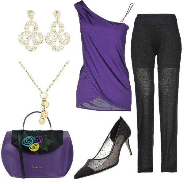 Outfit donna - Viola wow. Stile Chic per Serata fuori. Abbinamento con pantalone lavorato a maglia in lino tinta unita, top monospalla scollatura profonda jersey, borsa a mano maxi fantasia multicolore a scatto interno foderato con manico e tasca interna, scarpe con tacco nero, orecchini glitter in argento 925 oro, collana.