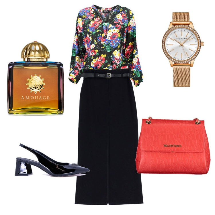 Outfit donna - Neo chic. Stile Casual chic per Tutti i giorni. Abbinamento con orologi, profumi, gonne lunghe, t-shirt, borse a spalla, décolleté.