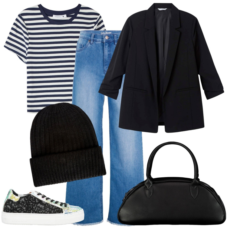 Outfit donna - Total look #1844926. Stile Basic per Tutti i giorni. Abbinamento con sneakers, jeans, berretti, blazer, t-shirt, borse a spalla.