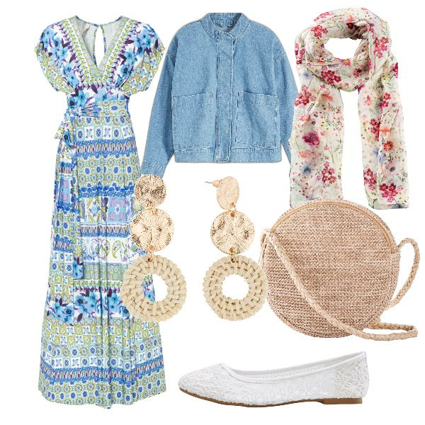 Outfit donna - Total look #1844932. Stile Romantica per Tutti i giorni. Abbinamento con foulard, ballerine, orecchini, vestiti lunghi, blazer, borse a tracolla.