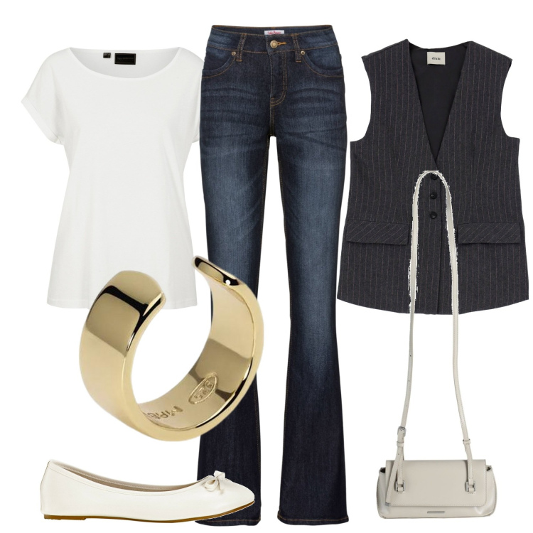 Outfit donna - Total look #1844940. Stile Casual chic per Tutti i giorni. Abbinamento con ballerine, jeans bootcut, maglieria, borse a tracolla, orecchini, gilet.