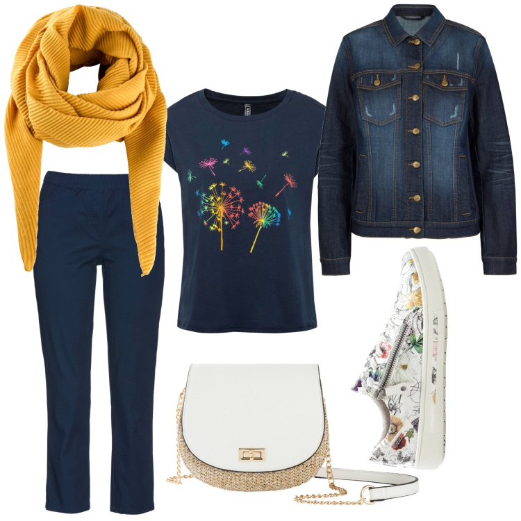 Outfit donna - Passeggiata sulla spiaggia. Stile Casual per Tutti i giorni. Abbinamento con pantaloni, t-shirt, foulard, borse a tracolla, cappotti, sneakers.