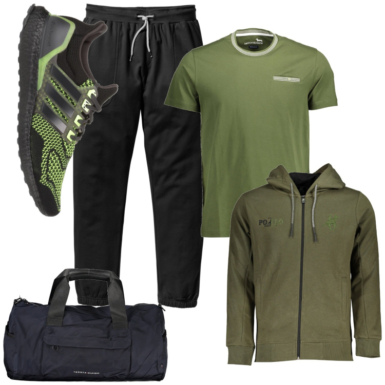 Outfit uomo - Tempo di Palestra. Stile Casual per Sport. Abbinamento con pantaloni sportivi, sneakers, felpe con cappuccio, t-shirt, borse sportive.