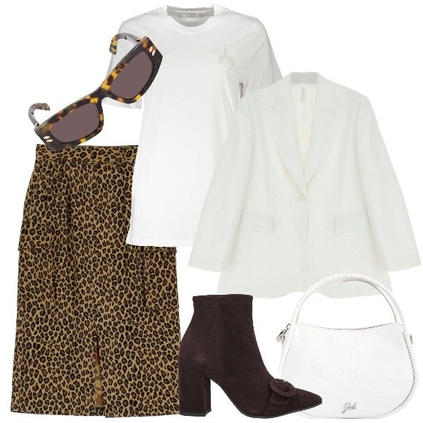 Outfit donna - La gonna animalier. Stile Trendy per Ufficio. Abbinamento con stivaletti, blazer, gonne longuette, borse a spalla, t-shirt, occhiali da sole.