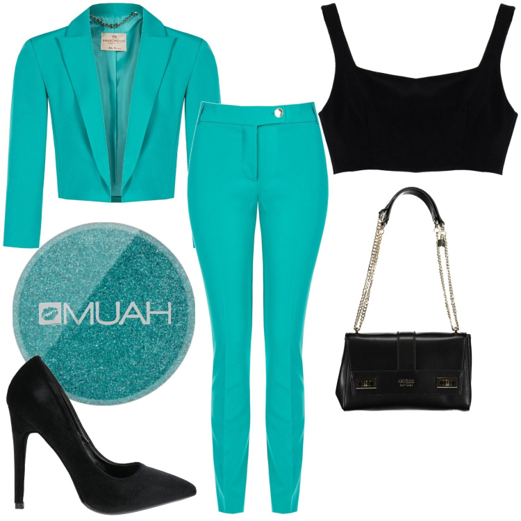 Outfit donna - Vesti rinascimento. Stile Chic per Tutti i giorni. Abbinamento con décolleté, ombretti, pantaloni skinny, blazer, top, borse a spalla.