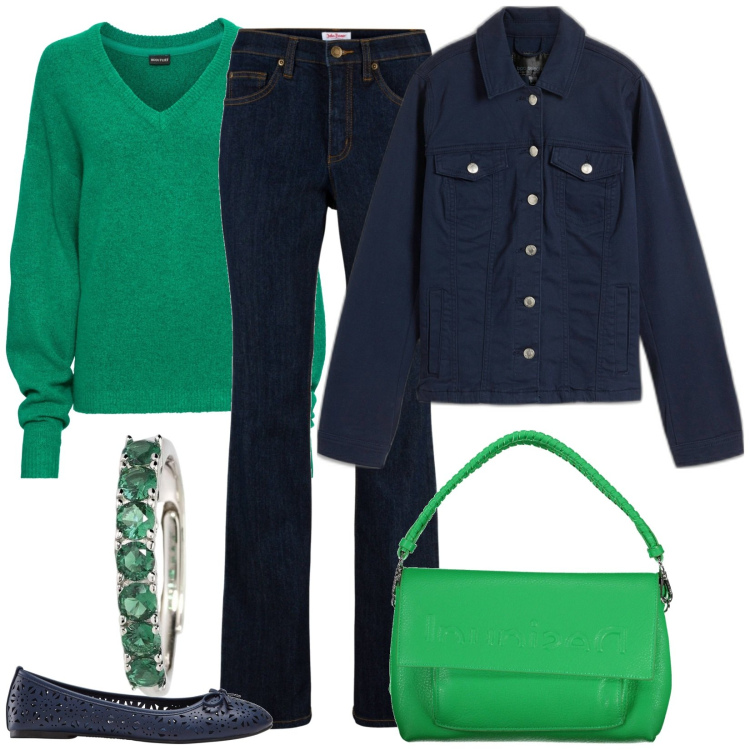 Outfit donna - Total look #1844995. Stile Casual chic per Tutti i giorni. Abbinamento con maglieria, ballerine, jeans, blazer, anelli, borse a spalla.