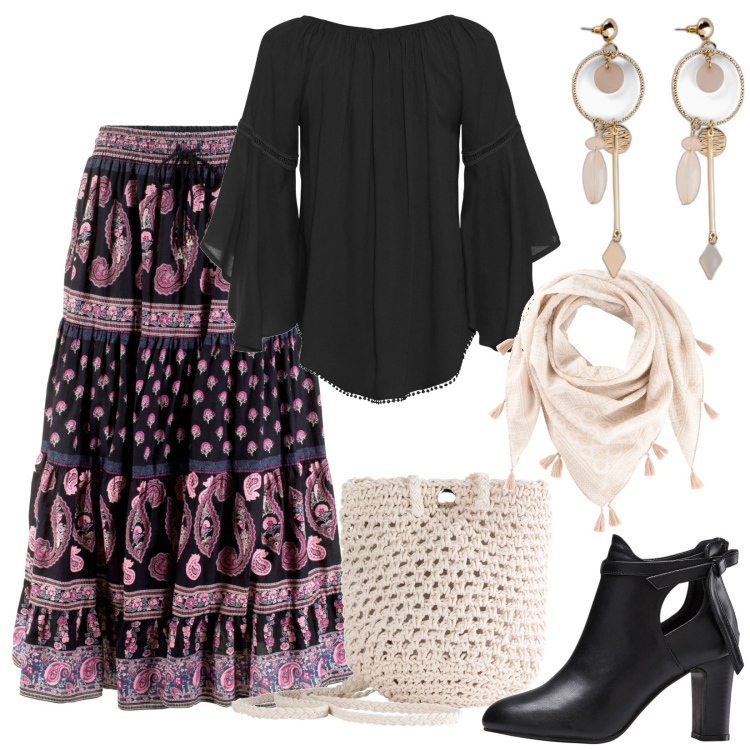 Outfit donna - Boho Style, commissioni in centro. Stile Boho per Tutti i giorni. Abbinamento con gonne lunghe, orecchini, bluse, borse a tracolla, foulard, stivaletti.