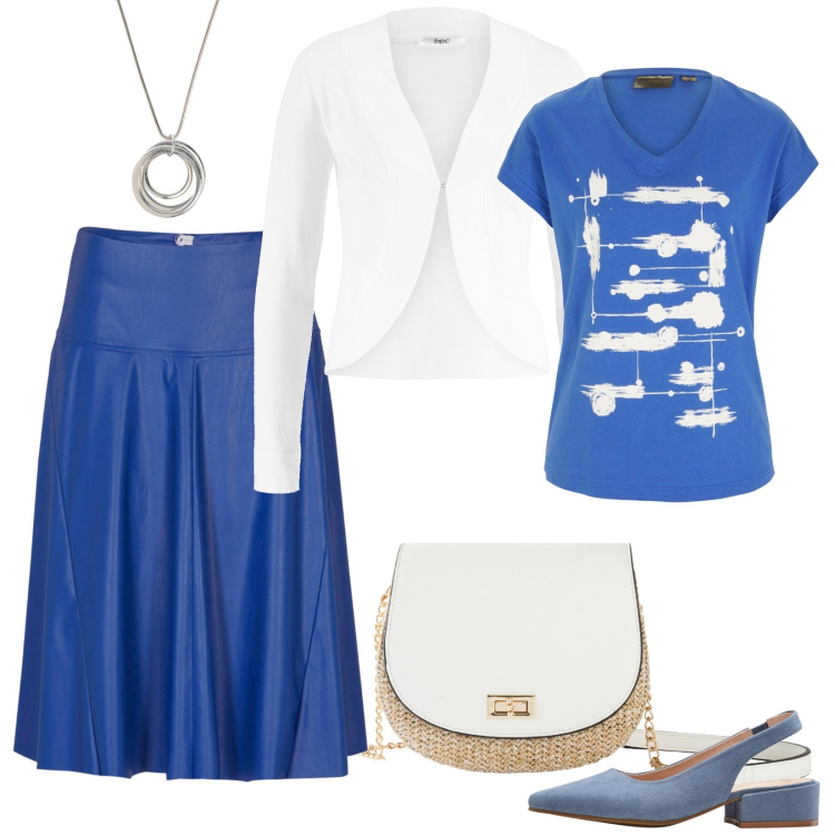 Outfit donna - La morbida gonna e la t-shirt. Stile Bon Ton per Ufficio. Abbinamento con décolleté, borse a tracolla, gonne longuette, t-shirt, blazer, collane.