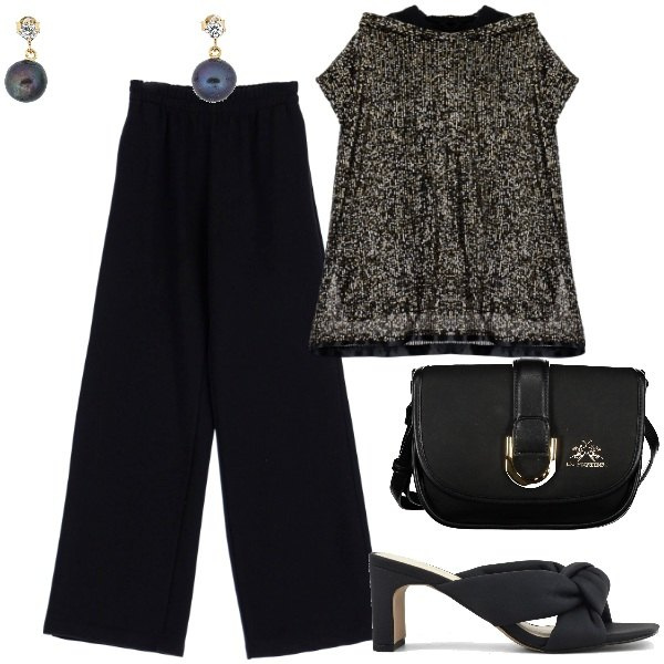 Outfit donna - In nero. Stile Sexy per Serata fuori. Abbinamento con orecchini, pantaloni a palazzo, felpe con cappuccio, sandali col tacco, borse a tracolla.