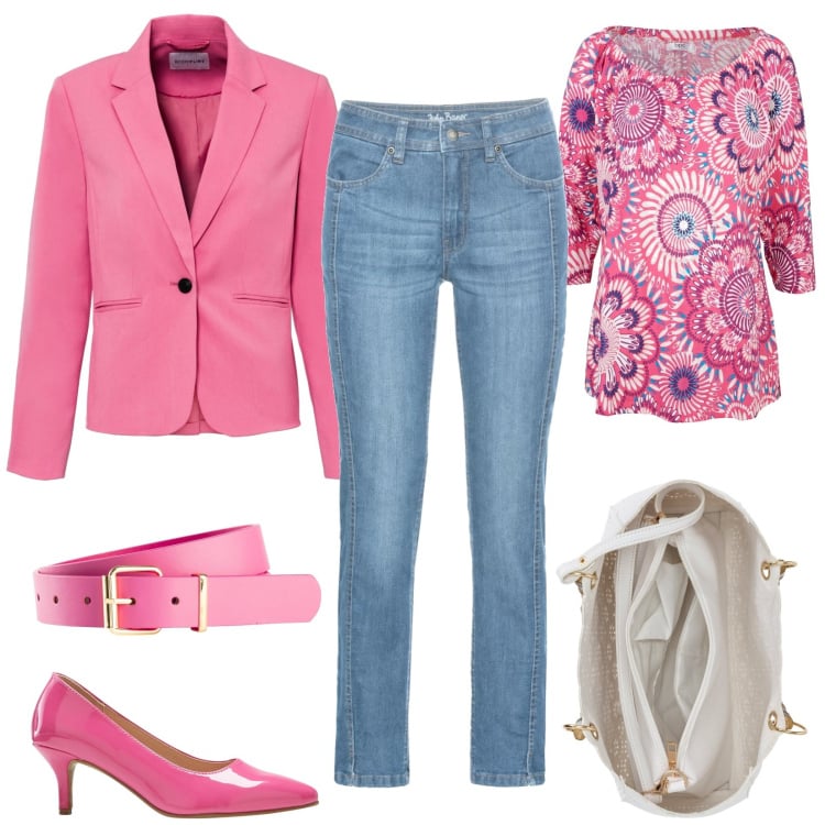 Outfit donna - La giacca rosa acceso ed i jeans. Stile Casual per Tutti i giorni. Abbinamento con maglieria, cinture, jeans, blazer, borse a mano, décolleté.