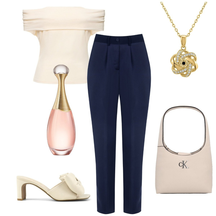 Outfit donna - Serata fuori. Stile Casual chic per Serata fuori. Abbinamento con ciondoli, profumi, pantaloni, top, sandali col tacco, borse a spalla.