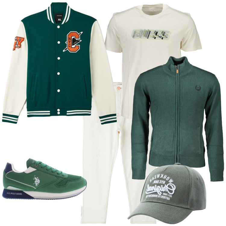 Outfit uomo - Week end al mare. Stile Casual per Mare. Abbinamento con jeans strappati, bomber, cappelli, cardigans, scarpe sportive, t-shirt.