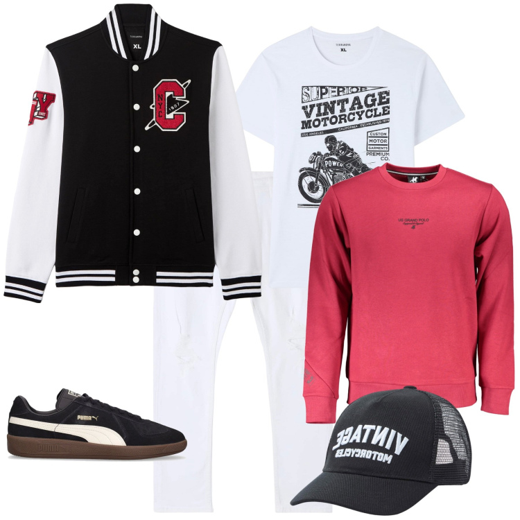 Outfit uomo - Week end al mare. Stile Casual per Mare. Abbinamento con jeans strappati, t-shirt, bomber, cappelli, sneakers, felpe.