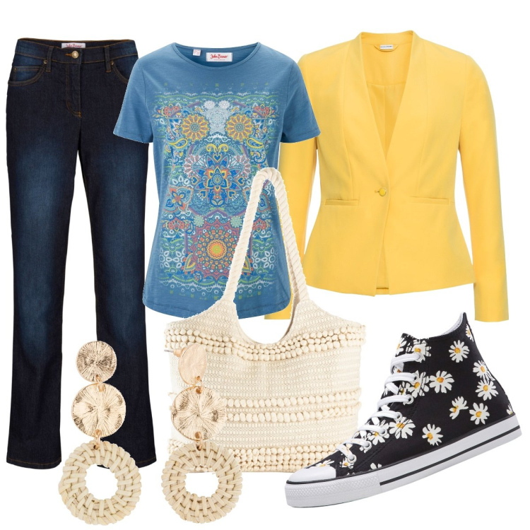 Outfit donna - Primavera. Stile Casual chic per Mare. Abbinamento con jeans dritti, t-shirt, blazer, sneakers alte, orecchini, shopping bag.