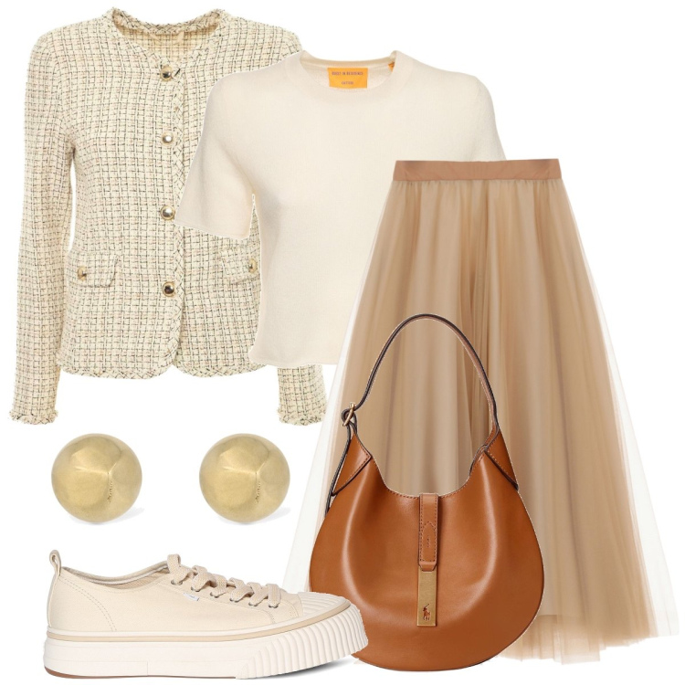 Outfit donna - Total look #1845083. Stile Bon Ton per Cerimonia. Abbinamento con gonne longuette, blazer, t-shirt, sneakers, orecchini, borse a spalla.