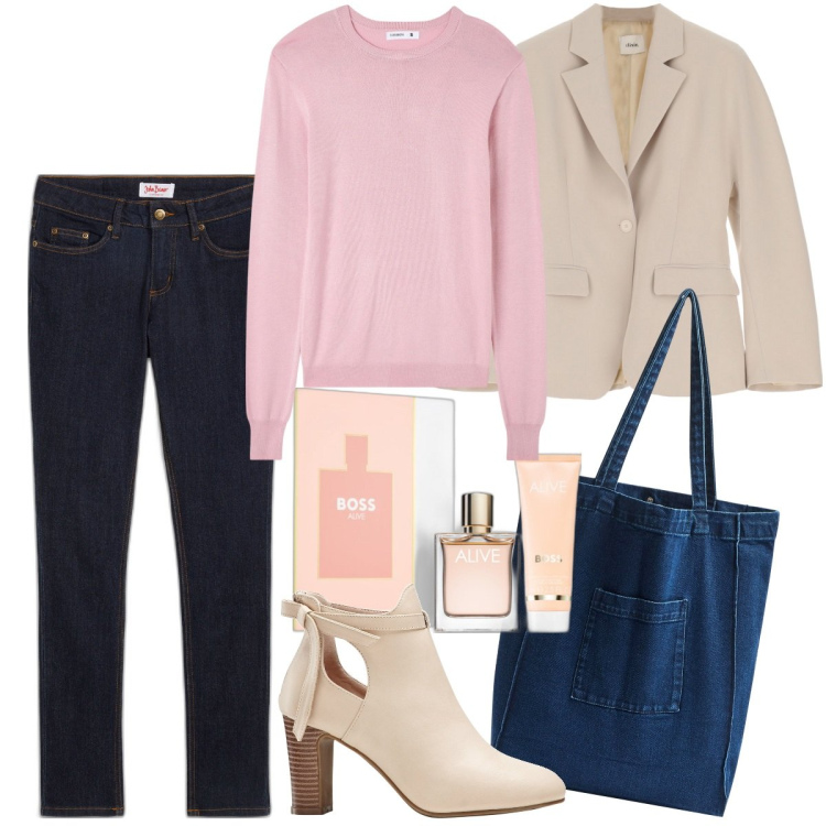 Outfit donna - In ufficio con la shopper. Stile Mannish per Ufficio. Abbinamento con jeans skinny, stivaletti, profumi, shopping bag, maglieria, blazer.