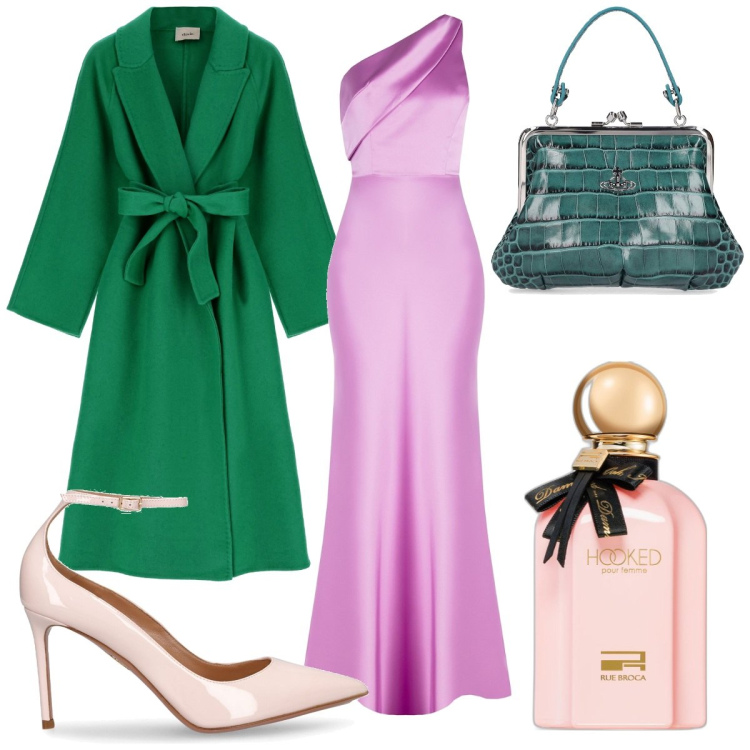 Outfit donna - Total look #1845103. Stile Glamour per Cerimonia. Abbinamento con profumi, vestiti asimmetrici, cappotti, borse a mano, décolleté.