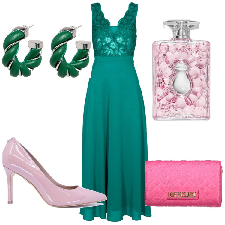 Outfit donna - Total look #1845124. Stile Trendy per Cerimonia. Abbinamento con vestiti, orecchini, profumi, borse a tracolla, décolleté.