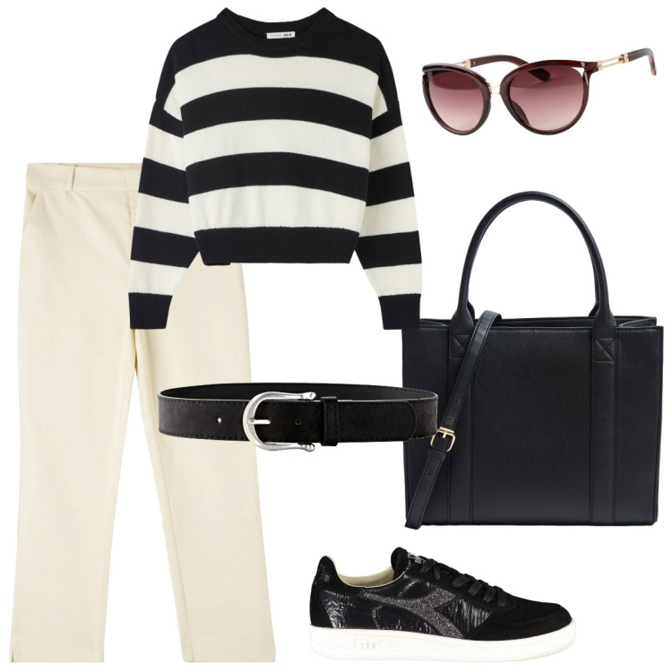 Outfit donna - La maglia a righe. Stile Basic per Tutti i giorni. Abbinamento con occhiali da sole, cinture, pantaloni chino, maglieria, shopping bag, scarpe sportive.