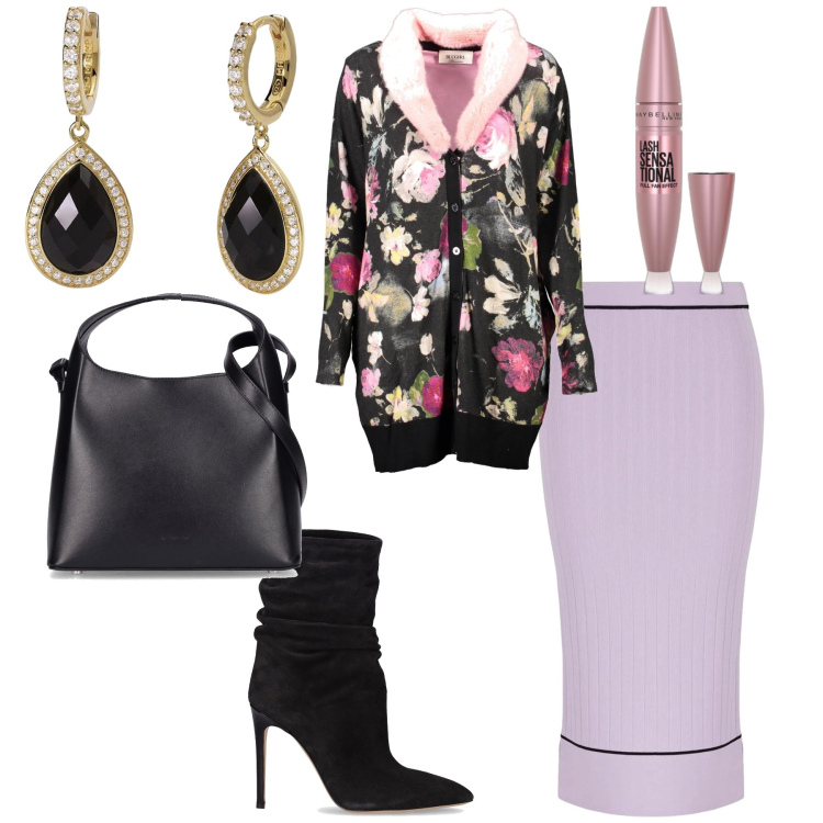 Outfit donna - W le gonne. Stile Bon Ton per Serata fuori. Abbinamento con mascara, orecchini, stivaletti, maglieria, gonne lunghe, borse a mano.