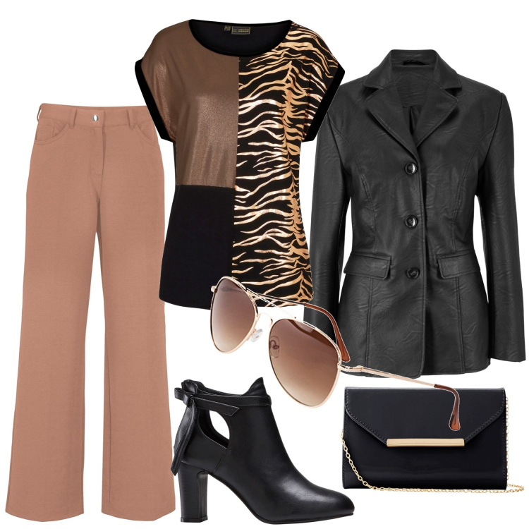 Outfit donna - Buona Pasqua. Stile Casual chic per Tutti i giorni. Abbinamento con blazer, occhiali da sole, pantaloni, maglieria, stivaletti, pochette.