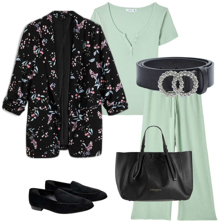 Outfit donna - Verde acqua. Stile Casual chic per Tutti i giorni. Abbinamento con blazer, borse a mano, pantaloni, t-shirt, cinture, mocassini.