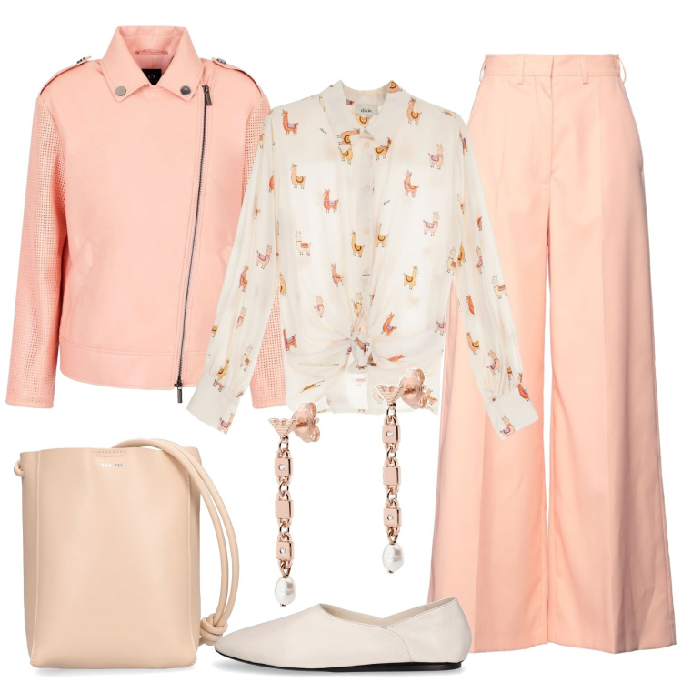 Outfit donna - In ufficio, rosa pesca. Stile Romantica per Ufficio. Abbinamento con pantaloni, orecchini, camicie, giacche, borse a spalla, ballerine.