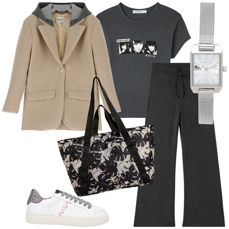 Outfit donna - Giornata relax. Stile Casual per Tutti i giorni. Abbinamento con sneakers, orologi, pantaloni, t-shirt, shopping bag, cappotti.
