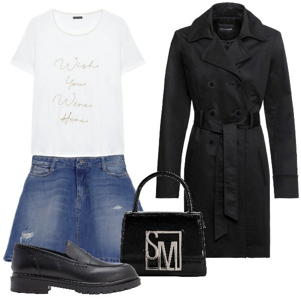 Outfit donna - Minigonna e trench. Stile Trendy per Tutti i giorni. Abbinamento con trench, mocassini, borse a mano, minigonne, t-shirt.