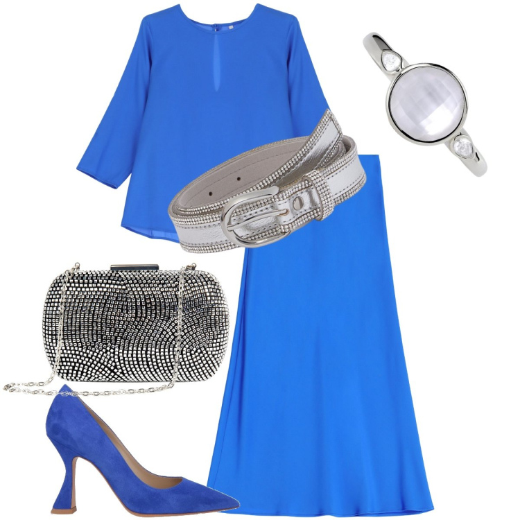 Outfit donna - Il completo azzurro. Stile Bon Ton per Cerimonia. Abbinamento con décolleté, anelli, clutch, gonne longuette, bluse, cinture.