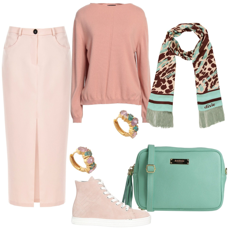 Outfit donna - Gonna, sneakers e felpa. Stile Casual chic per Tutti i giorni. Abbinamento con sneakers, pullovers, borse a tracolla, orecchini, gonne longuette, sciarpe.