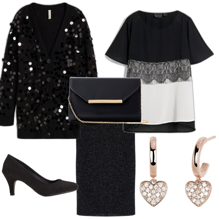 Outfit donna - Serata speciale evento. Stile Chic per Serata fuori. Abbinamento con décolleté, pochette, tuniche, cardigans, orecchini, gonne longuette.