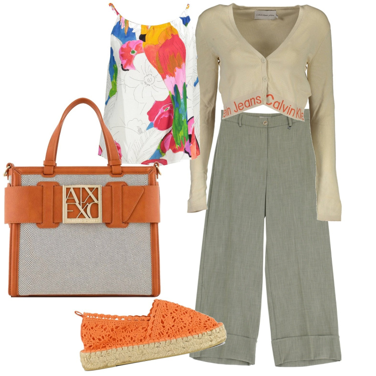 Outfit donna - Forever orange. Stile Casual per Ufficio. Abbinamento con pantaloni a palazzo, espadrillas, cardigans, canottiere, borse tote.