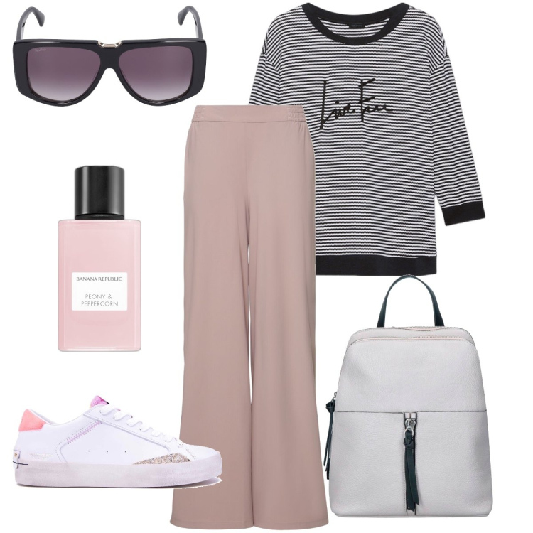 Outfit donna - La t-shirt a righe. Stile Casual per Tutti i giorni. Abbinamento con profumi, occhiali da sole, sneakers, pantaloni, t-shirt, zaini.