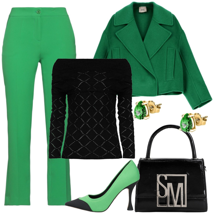 Outfit donna - Verde e nero, très chic. Stile Casual chic per Serata fuori. Abbinamento con borse a mano, décolleté, pantaloni, orecchini, maglieria, cappotti.