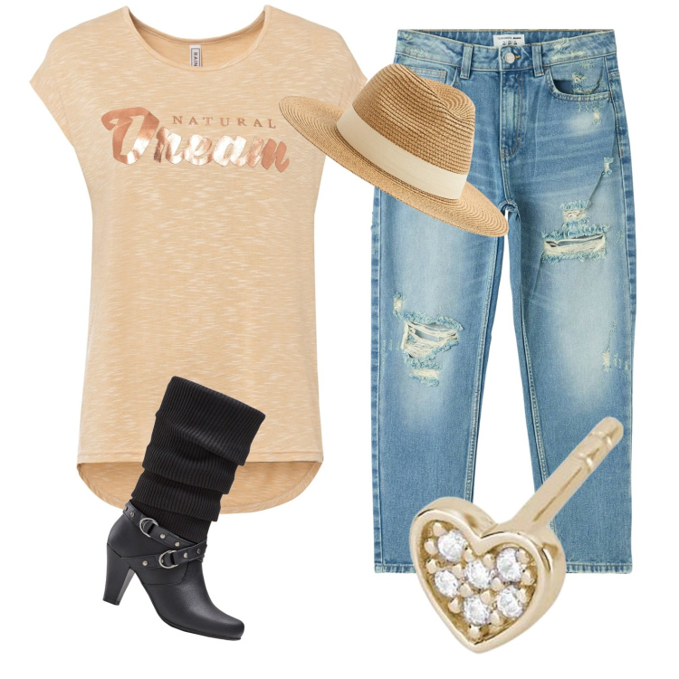 Outfit donna - Total look #1845193. Stile Casual per Tutti i giorni. Abbinamento con stivali, maglieria, jeans mom, cappelli, orecchini.