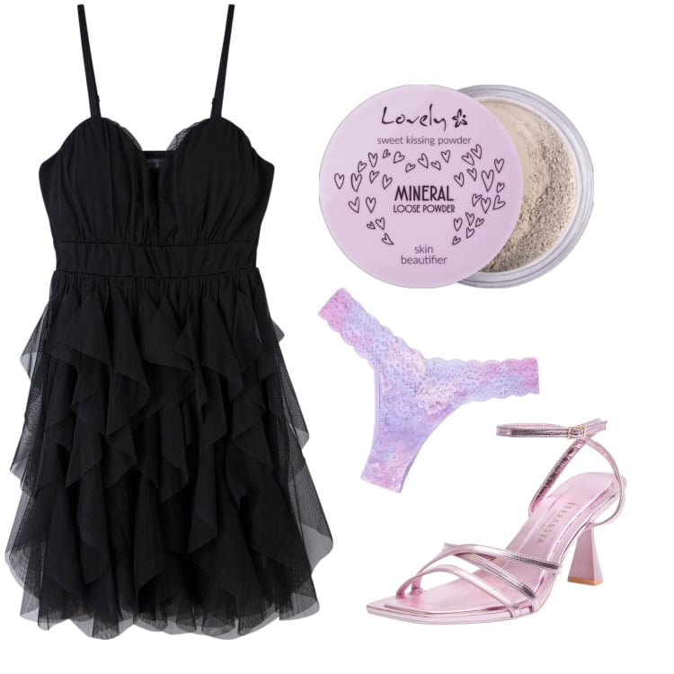 Outfit donna - Un tocco di cipria. Stile Sexy per Serata fuori. Abbinamento con ciprie, vestiti corti, sandali col tacco, culotte.
