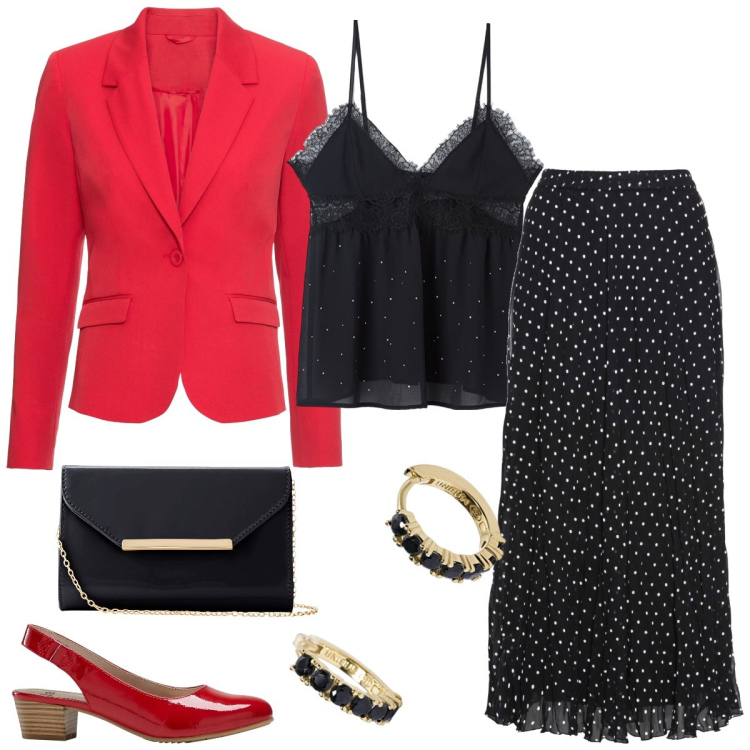 Outfit donna - Cerimonia. Stile Chic per Cerimonia. Abbinamento con gonne, blazer, décolleté, pochette, canottiere, orecchini.