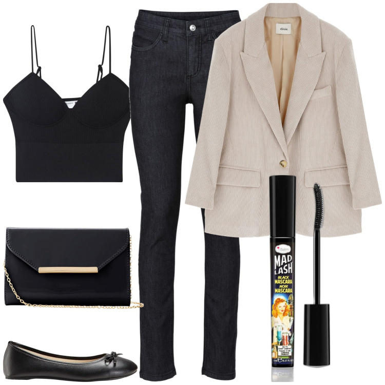 Outfit donna - Total look #1845207. Stile Casual chic per Tutti i giorni. Abbinamento con ballerine, pochette, jeans skinny, mascara, top, blazer.