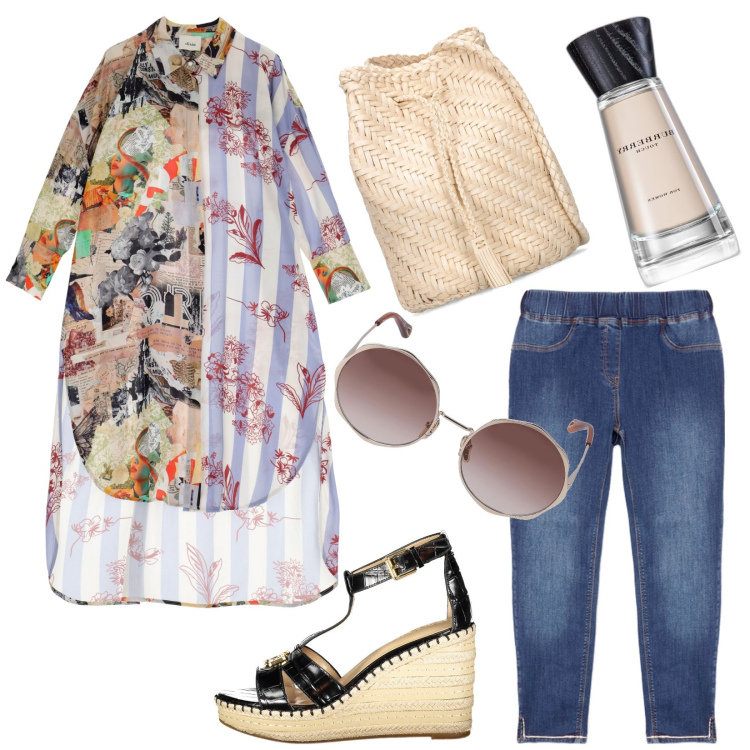 Outfit donna - Comoda ma trendy. Stile Casual per Tutti i giorni. look ideale per Tall. Abbinamento con profumi, vestiti corti, jeggings, sandali, occhiali da sole, borse a spalla.