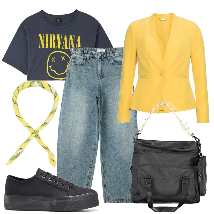 Outfit donna - Total look #1845225. Stile Casual per Tutti i giorni. Abbinamento con blazer, sneakers, t-shirt, jeans, foulard, borse a spalla.