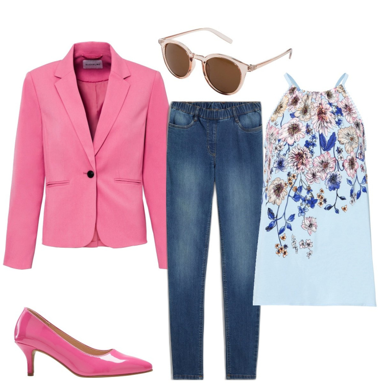 Outfit donna - Easter is pink. Stile Casual chic per Tutti i giorni. Abbinamento con top, jeggings, occhiali da sole, blazer, décolleté.