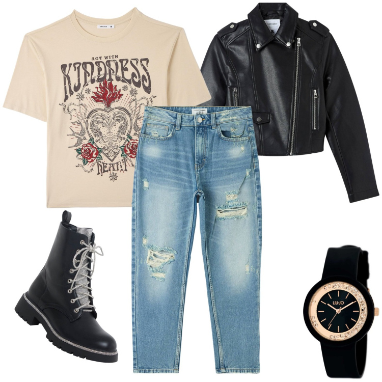 Outfit donna - Total look #1845274. Stile Casual per Serata fuori. Abbinamento con orologi, jeans mom, t-shirt, anfibi, giacche.