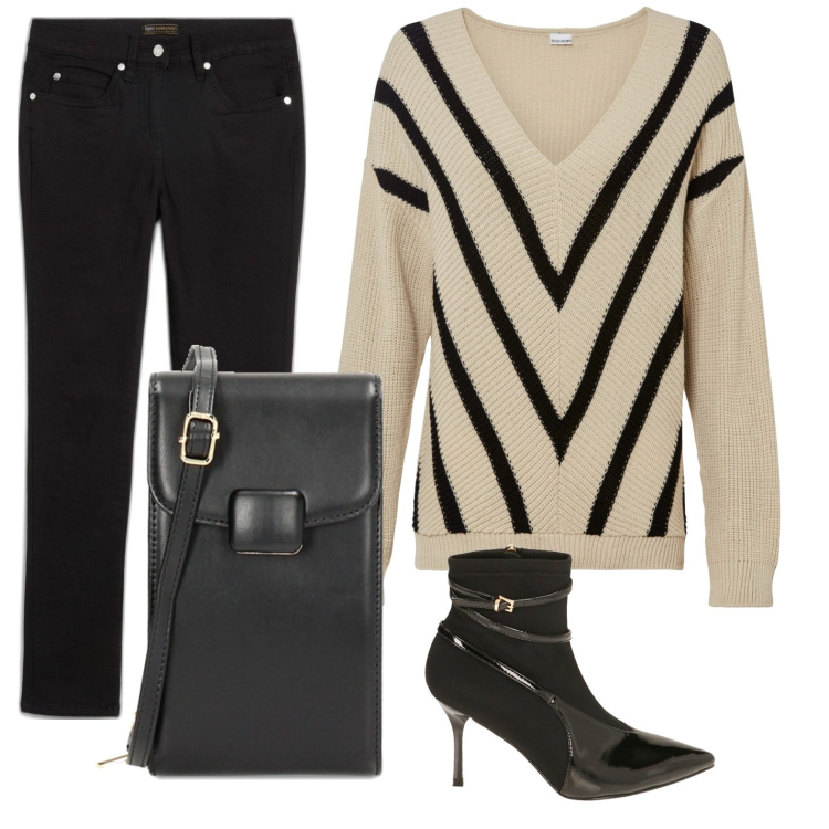 Outfit donna - Total look #1845278. Stile Casual per Ufficio. Abbinamento con jeans dritti, maglieria, stivaletti, zaini.