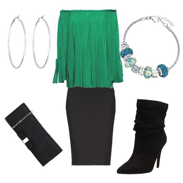 Outfit donna - Serata sexy. Stile Sexy per Serata fuori. Abbinamento con gonna al ginocchio senza tasche con zip interno foderato crêpe, stivali wide leg pianta larga nero, camicia verde, bracciale, orecchini, pochette con catena e zip con tracolla removibile.