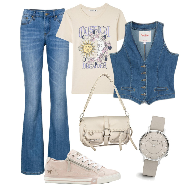 Outfit donna - Il gilet con la t-shirt. Stile Casual per Tutti i giorni. Abbinamento con jeans bootcut, gilet, sneakers, orologi, t-shirt, borse a spalla.