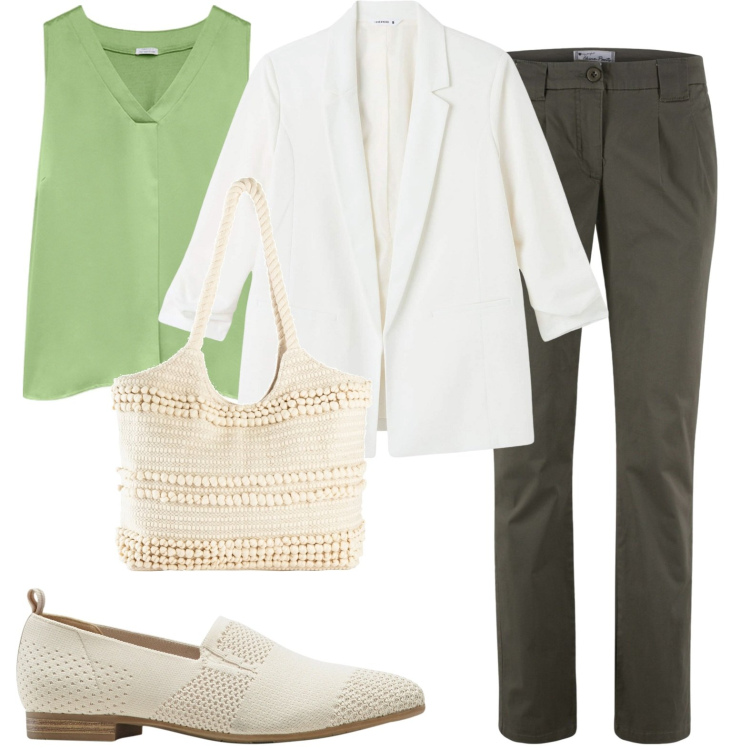 Outfit donna - La giacca bianca. Stile Basic per Tutti i giorni. Abbinamento con pantaloni chino, mocassini, shopping bag, blazer, top.