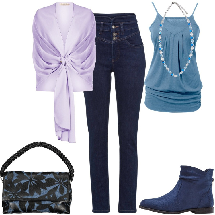 Outfit donna - Seta e denim. Stile Casual per Tutti i giorni. Abbinamento con top, stivaletti, jeans skinny, stole, collane, borse a spalla.