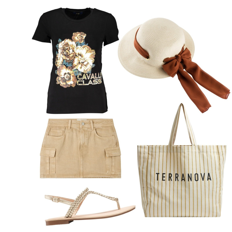 Outfit donna - In spiaggia. Stile Casual per Tutti i giorni. Abbinamento con ciabatte, cappelli, minigonne, borse tote, t-shirt.